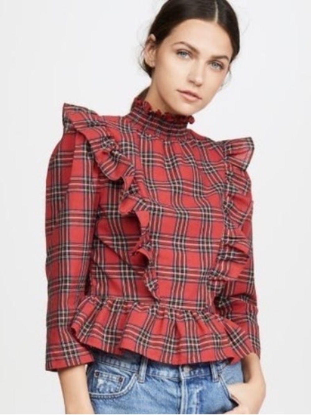 English Factory Red Plaid Tartan Christmas High Ruffle Neck Blouse Top Small NWT